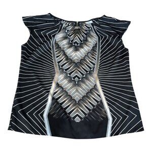 Worthington Blouse Artsy XL Black Beige Grey V Neck Sleeveless Geometric Zipper